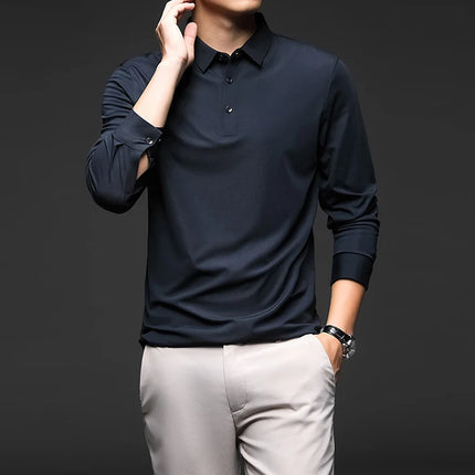 Minglu Mulberry Silk Men's Polo Shirts Luxury Long Sleeve Solid Color Golf Male T-shirts Spring Autumn Business Casual Man Tees