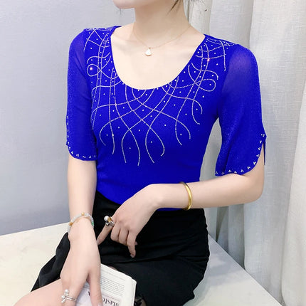 2025 Spring Summer Mesh Tops Korean Fashion Diamond T Shirt Slim 3/4 Sleeve Hollow Out Casual Women Shirt