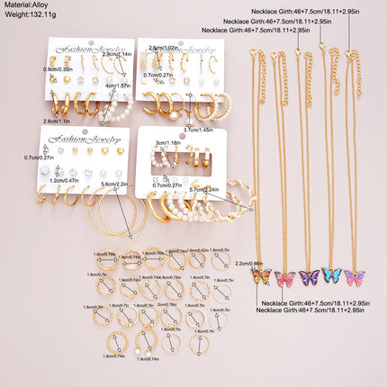 Gold Color Metal Jewelry Set For Women With Butterfly Necklaces Imitation Pearl Hoop Earrings Simple Rings No Box Included