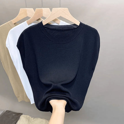 Ice Silk Knitted Top Women's Summer Thin Shoulder Drop Round Neck Short Sleeve T-shirt Pure Color Commute Style Outerwear