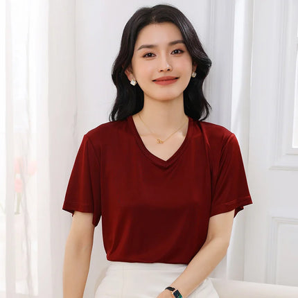 2026 Summer New Women's T-shirt V-neck Knitted Women's Short Sleeve High end Acetate Fiber White Fashion Women's Top