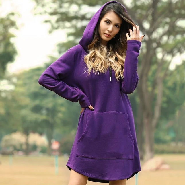 New Women's Long Sleeved Sweatshirt Dress Casual Pure Color Sweater Dress Fashion Pocket Hoodies Ladies Hooded Pullovers