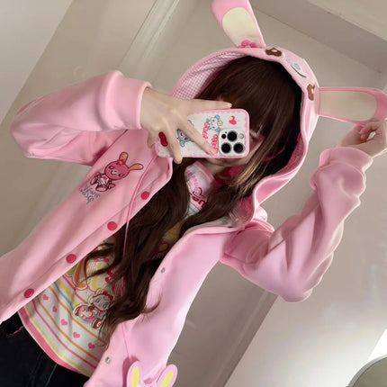 Harajuku Sweet Long Sleeve Hoodie Women Casual Cartoon Print Japan Style Kawaii Hooded Sweatershirt Bodycone All Season