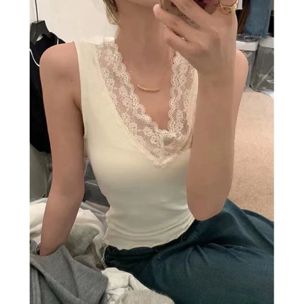 Spring Autumn Women's Slim Fit Lace Trim V-Neck Strap Vest Top Slim Inner Wear Base Layer Sweet Style Elastic Fiber
