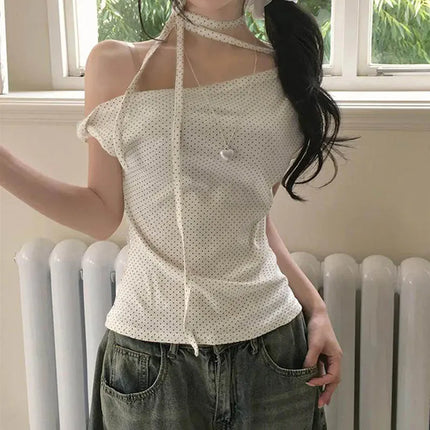 Women's Polka Dot Backless Halter Top Knot Slim Fit Short Sleeve Casual Streetwear Sexy Fashion Tee Top