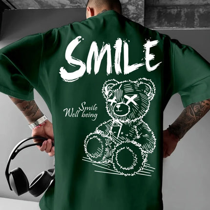 Trendy summer new men's personalized teddy bear print micro-elastic comfortable breathable crew neck T-shirt outdoor urban top