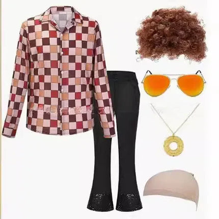 Men's Flared Pants Disco Shiny Shirt 70s Style Hip Hop Checkered Patterned Clothing Set Fashionable Retro Trend 2025