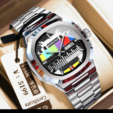 BINBOND Creative TV Dial Men's Watches New Fashion Original Retro Design Luminous Quartz Wristwatch For Man With Calendar Week