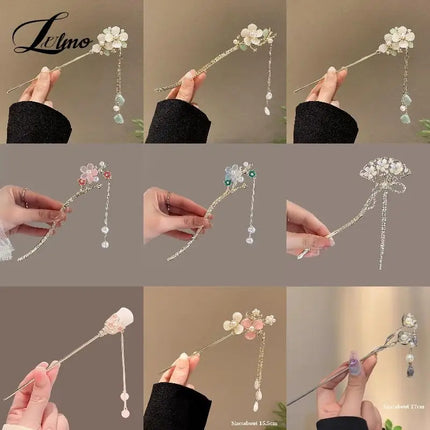 2023 New Vintage Chinese Women's Hair Stick Metal Glaze Flowers Hair Chopsticks Ladies Pearl Jewelry Hair Sticks Accessories