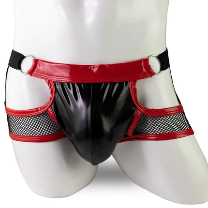Men's Jockstraps Gay Underwear Lingeries Erotic Penis Bikini Panties Man Patckwork Mesh Faux Leather Jock Strap Underpants Cueca