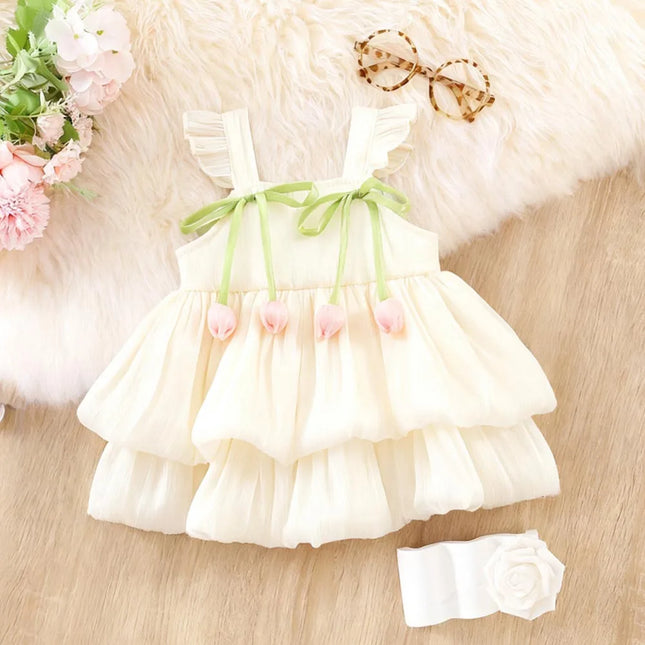 Baby Girl Dress Summer Solid Color Flower Small Fly Sleeve Girl Dress Cute Bow Baby Princess Dress Baby Girl Clothes