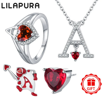 LILAPURA 925 Silver Letter A Ring Hearts Poker Earrings Necklace For Women DIY Original Romantic Fine Jewelry Party Lover Gifts