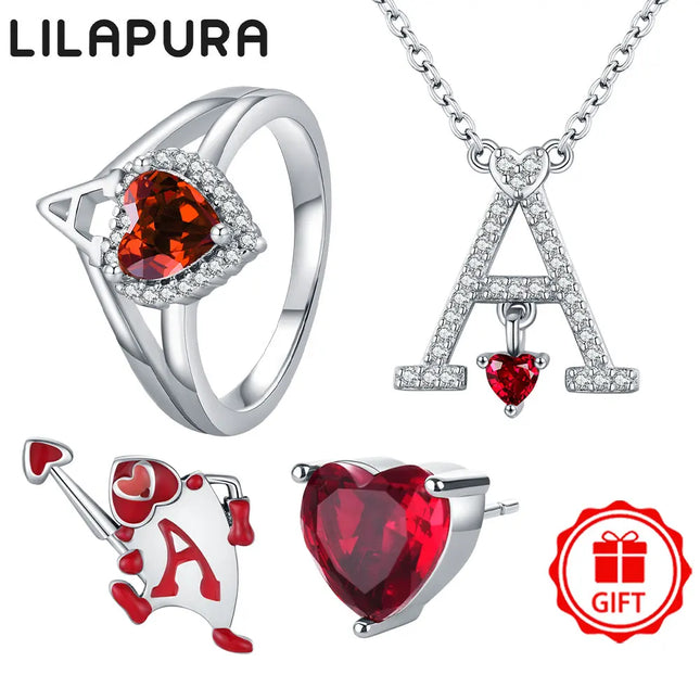 LILAPURA 925 Silver Letter A Ring Hearts Poker Earrings Necklace For Women DIY Original Romantic Fine Jewelry Party Lover Gifts