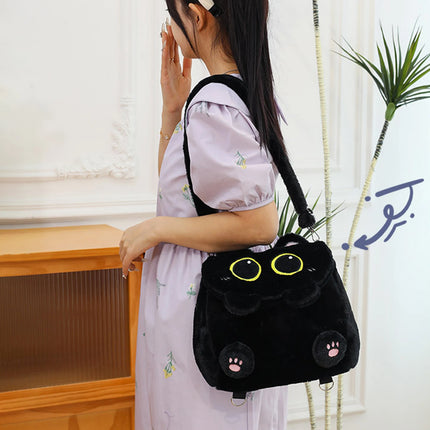 Black Cat Plush Backpack for Girls Cute Kitten Design Large Capacity Lightweight School Bag for Students Travel Daily Use