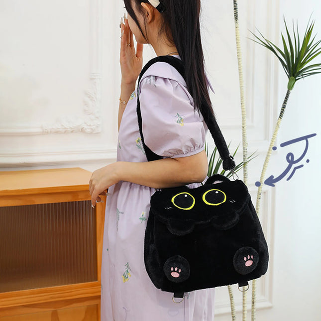 Black Cat Plush Backpack for Girls Cute Kitten Design Large Capacity Lightweight School Bag for Students Travel Daily Use