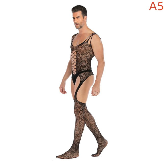 Men's Black Sexy Fishnet Body Stockings Plus Size Male Erotic Underwear Exotic Open Crotchless One-piece Bodysuits for Men
