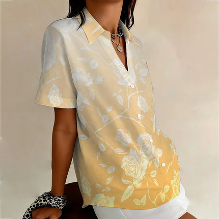 Women's summer plus-size short-sleeve shirt, elegant floral gradient design, suitable for workplace, casual and outdoor wear
