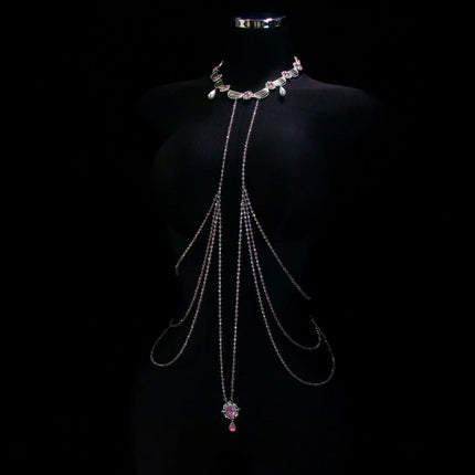 Pink Gemstone Necklace Nipple Clamps Erotic Tassel Body Chain 5 Sizes of Butt Plugs Chest Stimulation Integrated BDSM Restraint