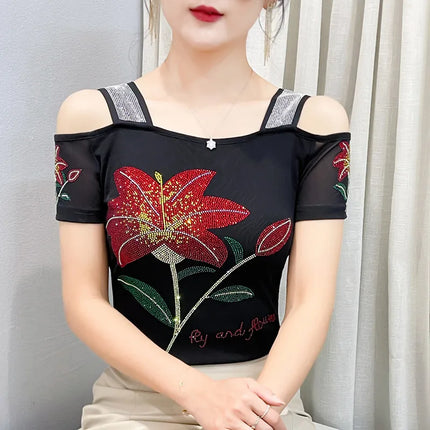 Summer Streetwear Fashion Women's T-shirt Luxury Design Butterfly Hot Diamonds Tee Sexy Off Shoulder Girls Tops European Clothes