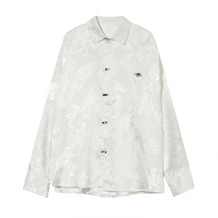 Vintage Harajuku Blouses Men Satin Shirt Dragon Totem Print Streetwear Button Up Long Sleeve Shirts Chinese Style Tops Unisex