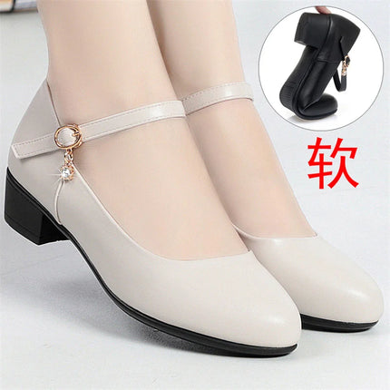 Women Fashion Sweet Red Comfort Buckle Strap Square Heel Pumps Lady Casual Black Pu Leather Office High Heel Shoes Spring Autumn