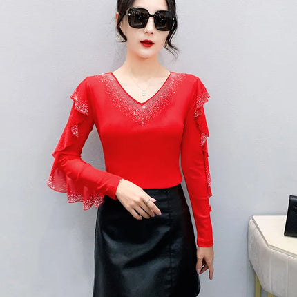 2025 Autumn New Style Mesh Tops Korean Fashion Round Neck Ruffles Shirt Lotus Leaf Edge Hot Diamond Long Sleeve Women T Shirt