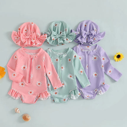 Baby Girls Swimsuit, Long Sleeve Flower Print Zipped Bikini with Hat Newborn Swimwear for Summer Bathing