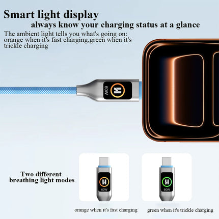 PD60W USB C Cable With Light Display Nylon Braided Type C Fast Charging Cable 480Mbps Data Transfer For iphone  For xiaomi