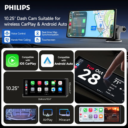 Philips 10.25-inch Smart Dash Cam Compatible with ISO Wireless CarPlay and Android Auto, Loop Recording, Built-in Speaker
