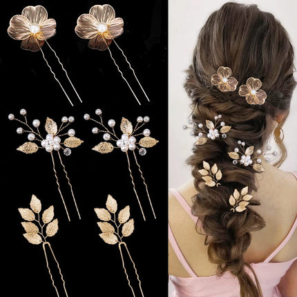 Handmade Pearl Flower Hairpin Gold Color Leaf Shaped Metal Wedding Bride Hair Clips Hair Jewelry Accessories Bride Hair wear