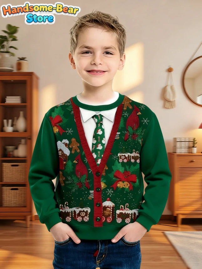 Funny Boys Sweatshirt Christmas Suit Tie 3D Print Autumn Long Sleeve Hoodies Pullover Boys Clothes Holiday Children's Clothing