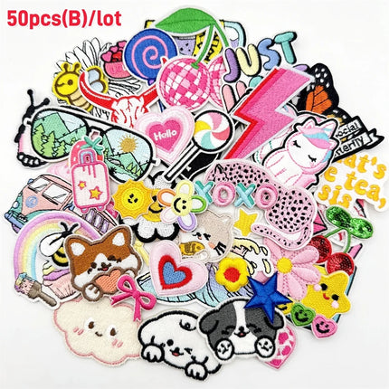 50/100pcs Random Assortted Embroidery Patches Cartoon DIY Iron on/Sew on Patches Stickers Applique for Clothes Dresses Hat Jeans