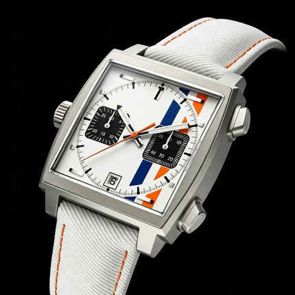 White Black Blue Leather Square Men Watch, VK63 Quartz Chronograph Wristwatch with Sapphire Crystal