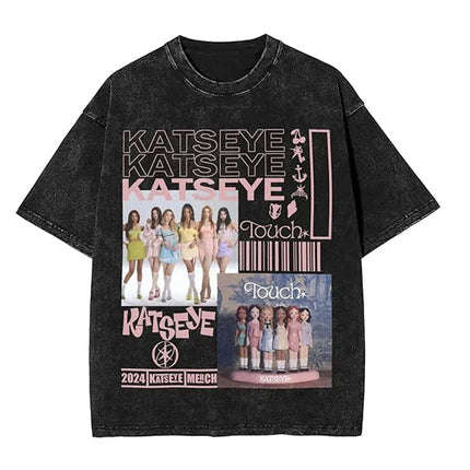 KATSEYE Merch Washed Graphic Print TShirt Men Women Short Sleeve Fashion Tshirts Oversized Crewneck Loose Cotton Tee Streetwear