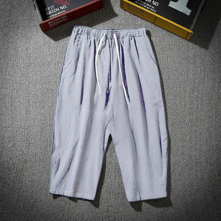 Summer Men's Casual Shorts Cotton Blended Long Elastic Waist Loose Pocket Drawstring 3/4 Length Shorts Daily Street Wear