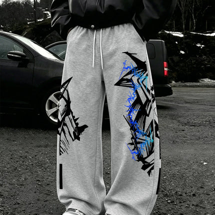 Y2K Abstract Blue Graffiti Geometric Print Mens Baggy Wide Leg Sweat Pants Loose Straight Drawstring Hip Hop Street Joggers