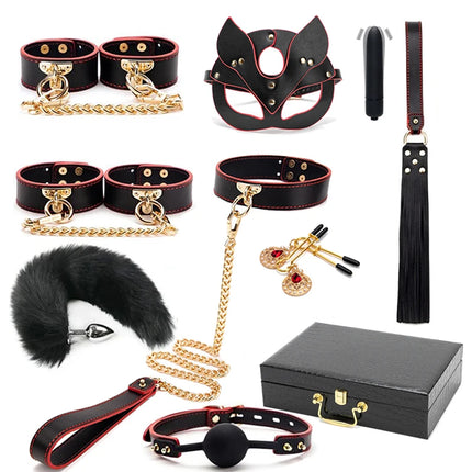 BLACKWOLF BDSM Bed Bondage Kits Genuine Leather Restraint Set Handcuffs Collar Gag Erotic Sex Toys For Women Couples Adult Games