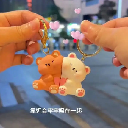 1Pair Cute Resin Bear Couple Magnetic Keychain Cartoon Animal Doll Bag Pendant Kawaii Key Chains Gifts for Lovers Ornaments