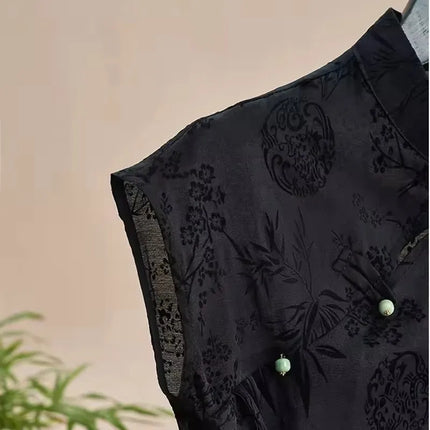 Retro Thin Shirt New Chinese Style Slanting Lapel Cheongsam Top 2025 Summer Black Jacquard Short Sleeve T-shirt Women's Clothing