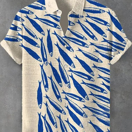 Summer Men's Casual Sea Life Graphic Short Sleeved Shirt Button Down Lapel Shirts Oversized Tops Casual Hawaiian Shirt for Men