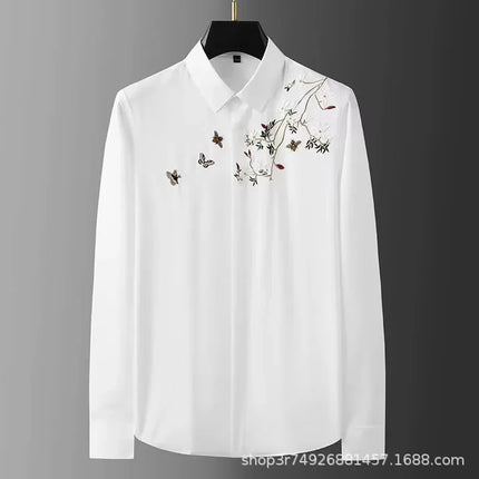 Elegant Chinese Style Embroidered Long Sleeve Men's Casual Shirt Autumn Iron Free Slim Fit Fashionable Top Men's Dress Shirt