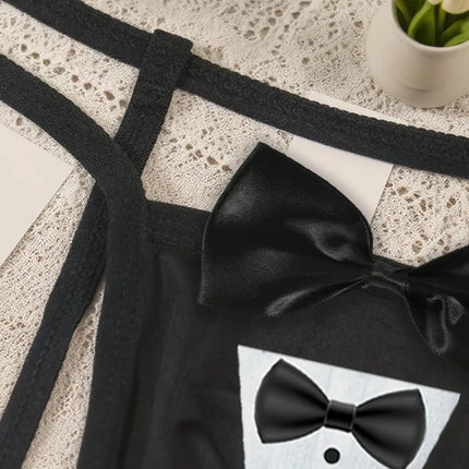 Sexy Bow Crotchless Thong Men's Hollow Lingerie Panties with Bow Collar Set Tuxedo Waiter Server G-String Costume Cosplay Outfit