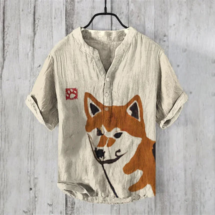 Fashion men's V-neck shirt T-shirt Hawaiian men's printed linen short-sleeved button-down shirt seaside holiday casual shirt