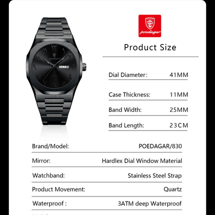 POEDAGAR Fashion High Quality Men Clock Date Week Waterproof Watch For Man Quartz Stainless Steel Luxury Men's Watches Reloj+Box