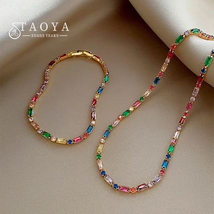 2024 Luxury Design Colorful Zircon Chain Necklace Bracelet Jewelry Sets Korean Fashion Accessories Exquisite Gift for Womens