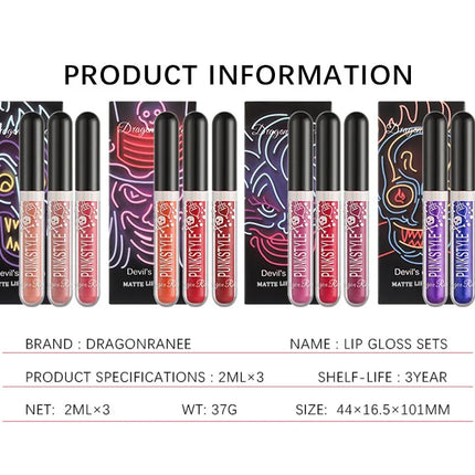 3pcs Glitter Lipstick Set Waterproof Sexy Blue Purple Black Lip Gloss Shiny Lip Tint Halloween Lip Makeup Tool Korean Cosmetics