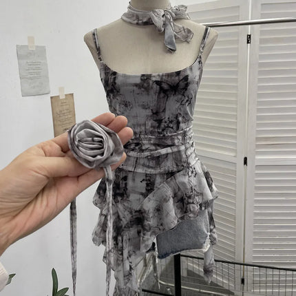 Women's Vintage Tie-dye Printed Mesh Spaghetti Strap Camisole Hot Girl Irregular Ruffled Ribbon Sleeveless Top Partyclub 1185
