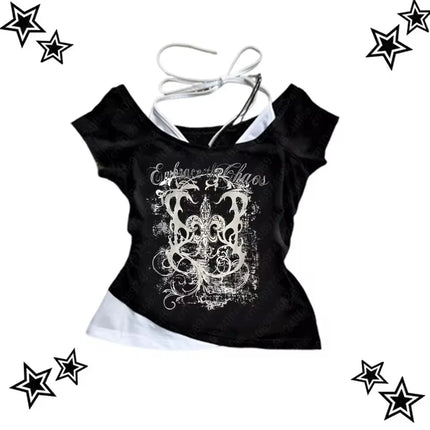 Women's 90s Vintage Punk T-Shirt Summer Streetwear Sexy Short Sleeve Gothic Slim Crop Top Hotgirl Casual Women's Tee Harajuku Y2k