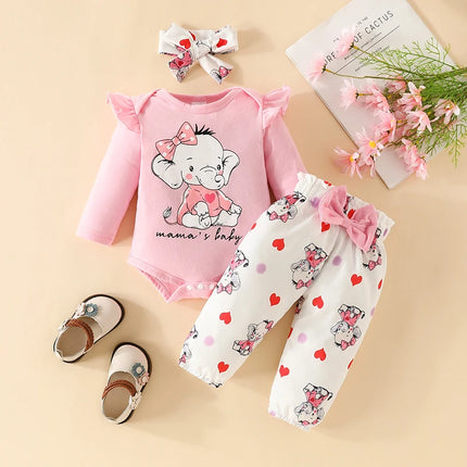 Baby Girl Set Newborn Clothes Cartoon Elephant Printed Onesie Long Sleeve Onesies Elastic Waist Pants Infant Outfits 0-18 Months