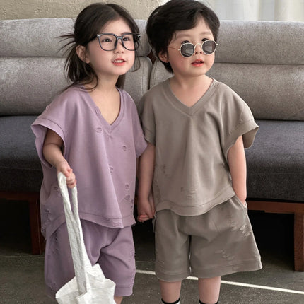 RAISE Summer Brother Sister Clothes Muslin Hollow V-collar Kids Boy Short Sleeve Top Suit Loose Solid Straight Shorts Tracksuits